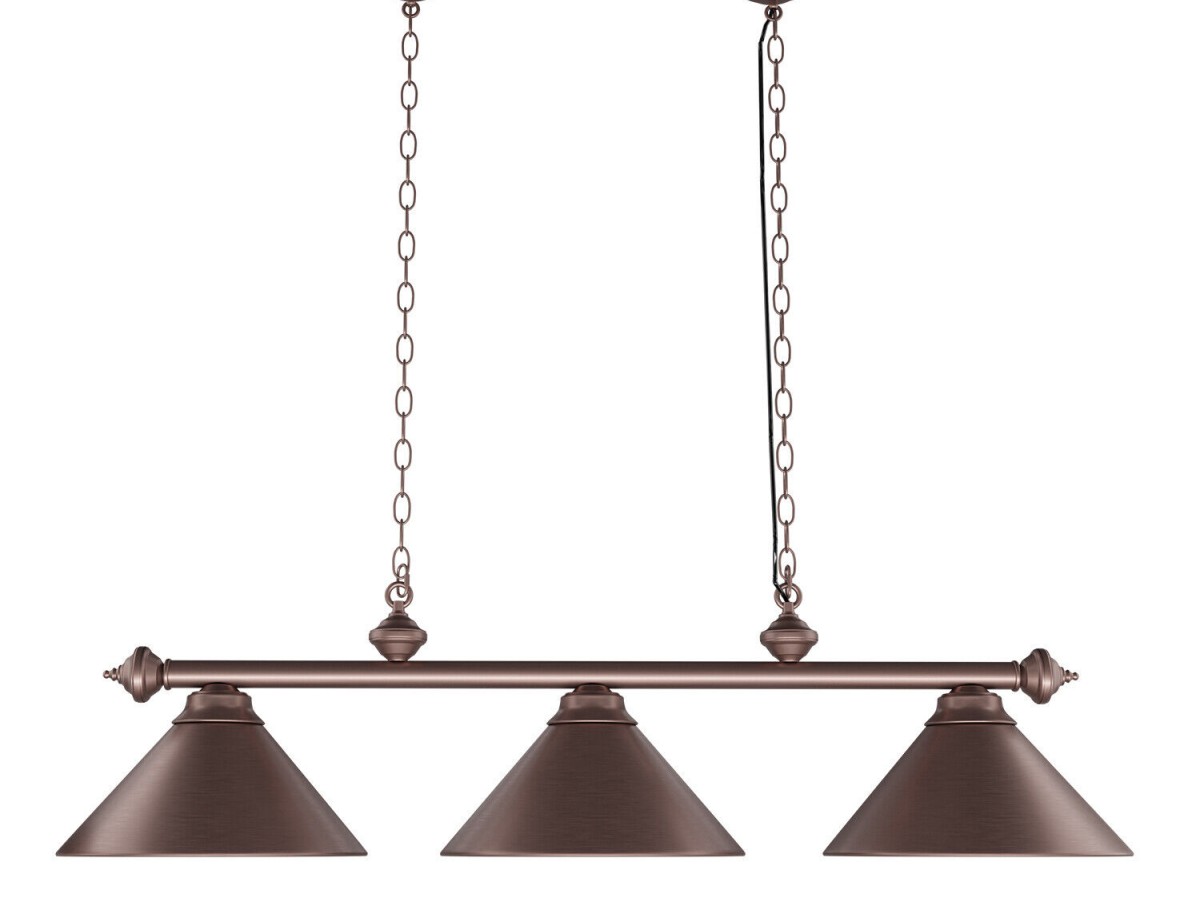 Lampara colgante metálica de 142 cm para mesa de billar con 3 sombras color bronce